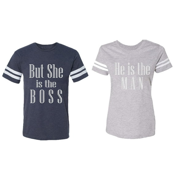 But She is The Boss He is The Man Matching Couple Cotton Jerseys (Men Navy / Women Heather) (Men S / Women S)