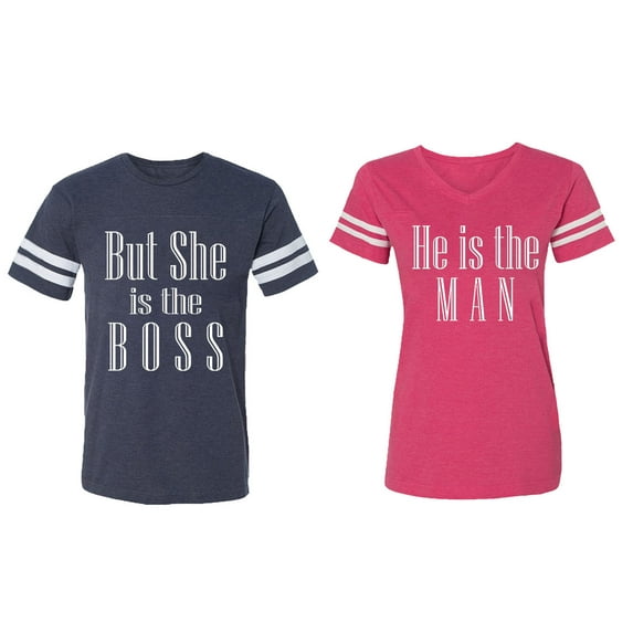 But She is The Boss He is The Man Matching Couple Cotton Jerseys (Men Navy / Women Pink) (Men XL / Women S)