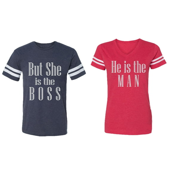 But She is The Boss He is The Man Matching Couple Cotton Jerseys (Men Navy / Women Red) (Men XL / Women XXL)