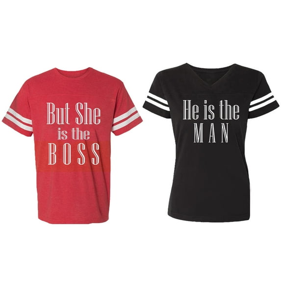 But She is The Boss He is The Man Matching Couple Cotton Jerseys (Men Red / Women Black) (Men M / Women XL)
