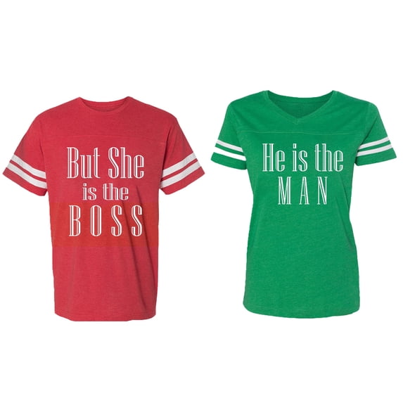But She is The Boss He is The Man Matching Couple Cotton Jerseys (Men Red / Women Green) (Men M / Women L)