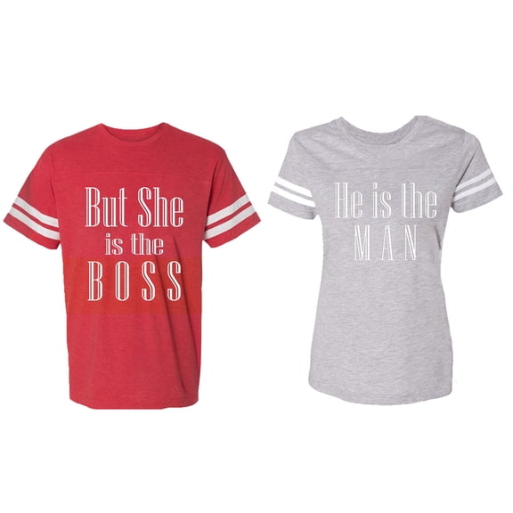 But She is The Boss He is The Man Matching Couple Cotton Jerseys (Men Red / Women Heather) (Men S / Women XXL)