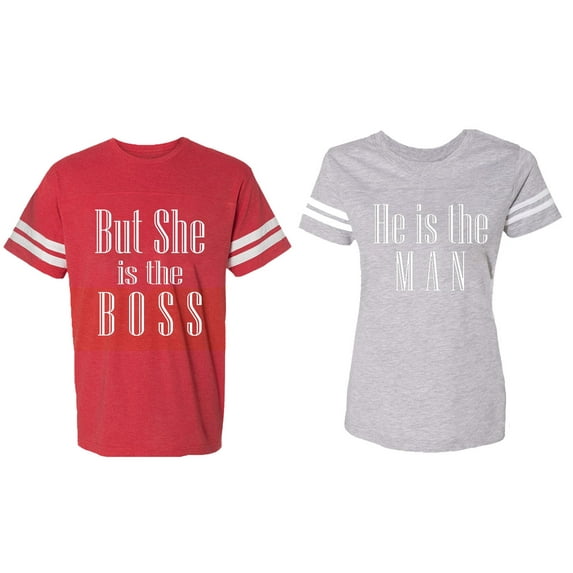 But She is The Boss He is The Man Matching Couple Cotton Jerseys (Men Red / Women Heather) (Men XL / Women XXL)