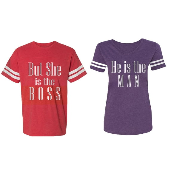 But She is The Boss He is The Man Matching Couple Cotton Jerseys (Men Red / Women Purple) (Men XXL / Women L)