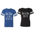 thumbnail image 1 of But She is The Boss He is The Man Matching Couple Cotton Jerseys (Men Royal / Women Black) (Men S / Women XL), 1 of 3