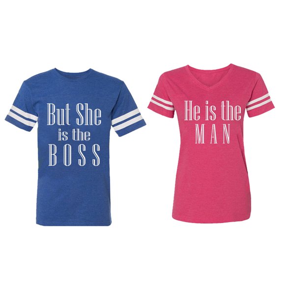 But She is The Boss He is The Man Matching Couple Cotton Jerseys (Men Royal / Women Pink) (Men M / Women L)