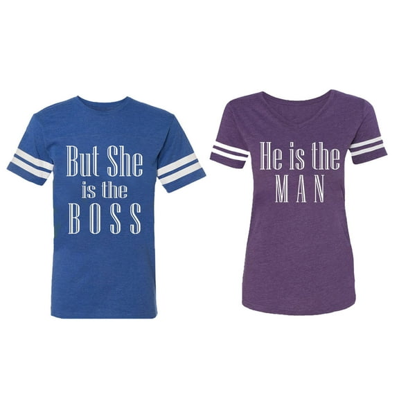 But She is The Boss He is The Man Matching Couple Cotton Jerseys (Men Royal / Women Purple) (Men L / Women L)