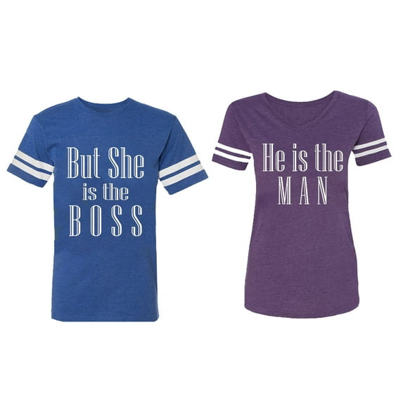 But She is The Boss He is The Man Matching Couple Cotton Jerseys (Men Royal / Women Purple) (Men XL / Women XXL)