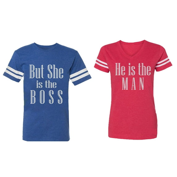 But She is The Boss He is The Man Matching Couple Cotton Jerseys (Men Royal / Women Red) (Men XL / Women XL)