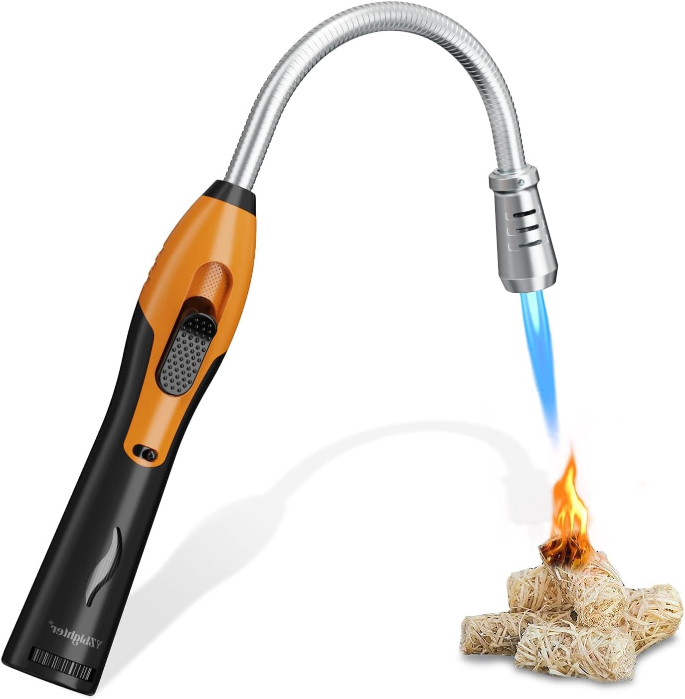 Butane Lighter Torch Long Refillable Windproof with Visual Fuel Window Flexible Extra for Fireplace Candles (No Included) (Orange 1 Pack)
