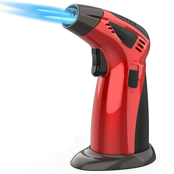 Butane Torch,Double Flame Mode Torch Lighter with Safety Lock,Refillable Lighter for Grill,BBQ,Candles,Camping(Gas Not Include)-Red