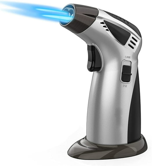 Butane Torch, Double Flame Mode Torch Lighter with Safety Lock, Refillable Lighter for Grill, BBQ, Candles, Camping(Gas Not Include)-Silver