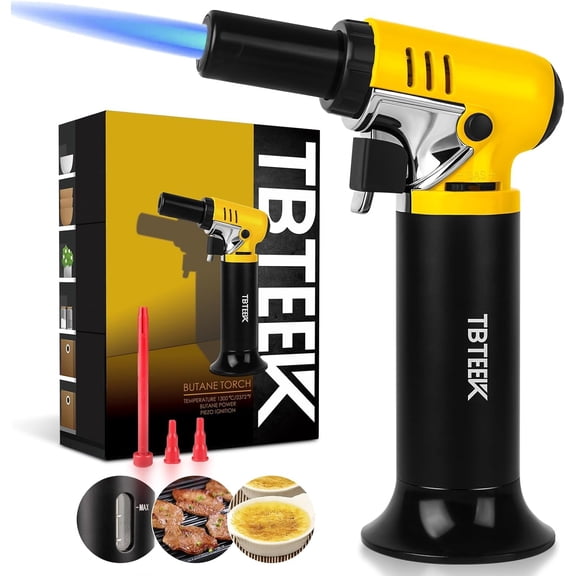 Butane Torch with Fuel Gauge T907, One-hand Operation Kitchen Torch Lighter with Adjustable Flame for BBQ, Baking, Brulee Creme, Crafts and Soldering(Butane Gas Not Included)