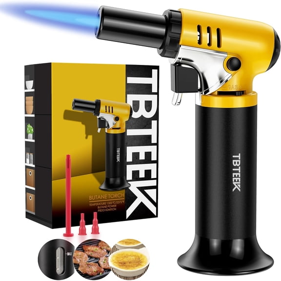 Butane Torch with Fuel Gauge T907, One-hand Operation Kitchen Torch Lighter with Adjustable Flame for BBQ, Baking, Brulee Creme, Crafts and Soldering(Butane Gas Not Included)