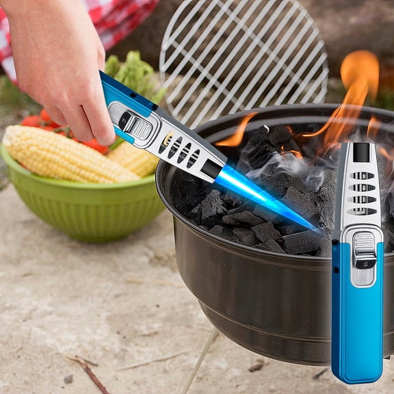Butane Torch Lighter,6.9inch Refillable Windproof Torch Lighter with Safe Lock,Adjustable Flame Size,1300℃ High-Temperature Flame,for Baking Creme Brulee or Outdoor BBQ(Blue)