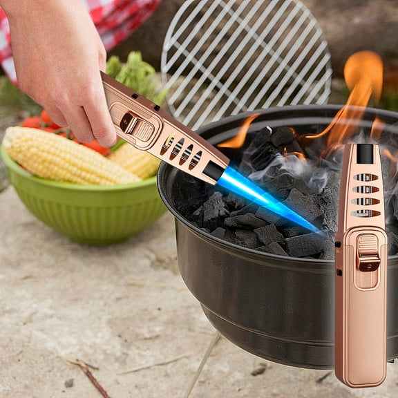 Butane Torch Lighter,6.9inch Refillable Windproof Torch Lighter with Safe Lock,Adjustable Flame Size,1300℃ High-Temperature Flame,for Baking Creme Brulee or Outdoor BBQ(Gold)