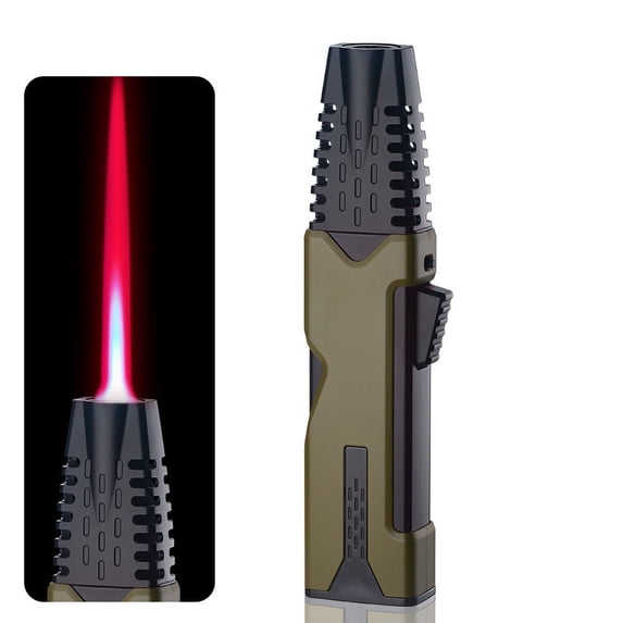 Butane Torch Lighter,7.3inch Adjustable Jet Flame Lighter with Safety Lock,Dirct Red Flame,Used for Kitchen, BBQ, Baking, Candle, Camping(Gas Not Included)(Khaki)