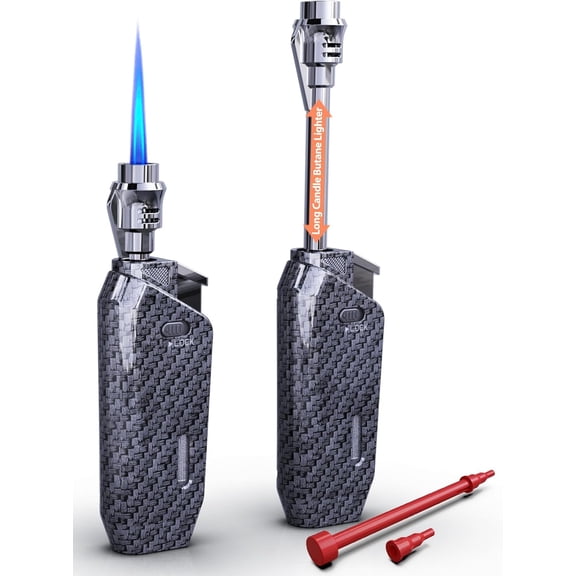 Butane Torch Lighter Jet Flame, Windproof Torch Lighter Refillable, Adjustable Butane Lighters for Candle Fireplace Camping BBQ Lighters Gift for Man Women, with Extended Tip, 2 Pack (Without Fuel)