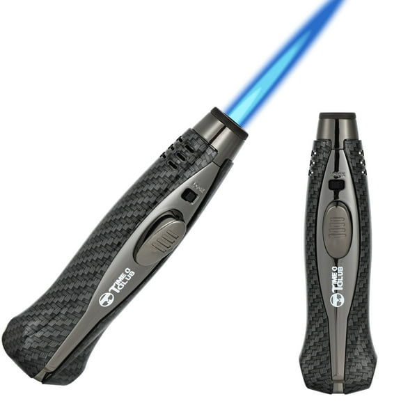 Butane Torch LighterRefillable Butane Torch with Safety Lock Adjustable Flame, Kitchen Cooking Torch Windproof Design,Charcoal Fiber Style for Gourmet Cooking, welding torch (Butane NOT Included)