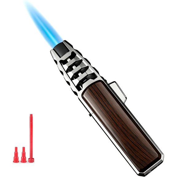 Butane Torch Lighter, Refillable Kitchen Cooking Torch with Safety Lock, Windproof Adjustable Jet Flame Solar Beam Torch Blow Torch for Baking BBQ Mens Gifts (Without Gas) (Brown)