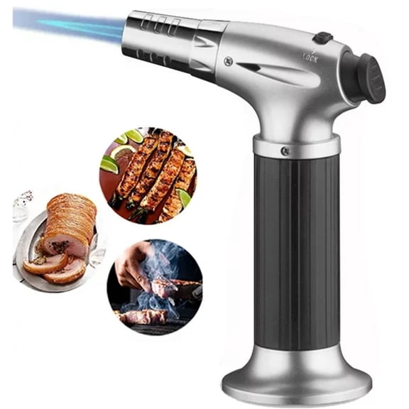 Butane Torch Lighter,Refillable Kitchen Torch Torch with Safety Lock and Adjustable Flame,Blow Torch for DIY,Creme Brulee,BBQ and Baking,Butane Gas Not Included,Silver