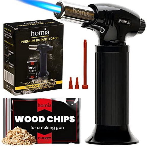 Butane Torch Refillable Kitchen Torch Lighter Adjustable Flame with Wood Chips