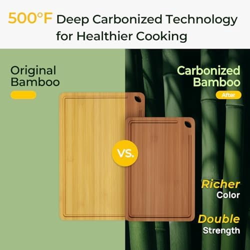 Butcher Block 2-Pcs Carbonized Bamboo Cutting Board Set With Juice Groove For Meal Prep & Cheese Serving - Ideal Kitchen Gift Set of 2 (M+L)