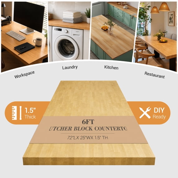 Butcher Block Counter Top, Solid Wood Unfinished Table Top for for DIY Washer Dryer, Island, Kitchen, Durable and Sturdy Birch Countertop, 1.5" Thickness, 25" W x 72" L