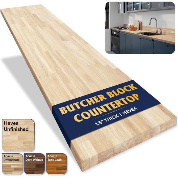 Butcher Block Countertop 36 x 25 x 1.5 Inches, Hevea Unfinished Solid Wood Table Top, Wood Countertop for DIY for Desk Top, Workbench Top, Kitchen Island Top