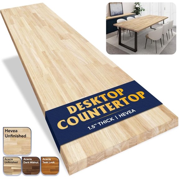 Butcher Block Countertop 48 x 30 x 1.5 - Hevea Unfinished Solid Wood Table Top, Wood Countertop for DIY Desktop, Workbench, Table.