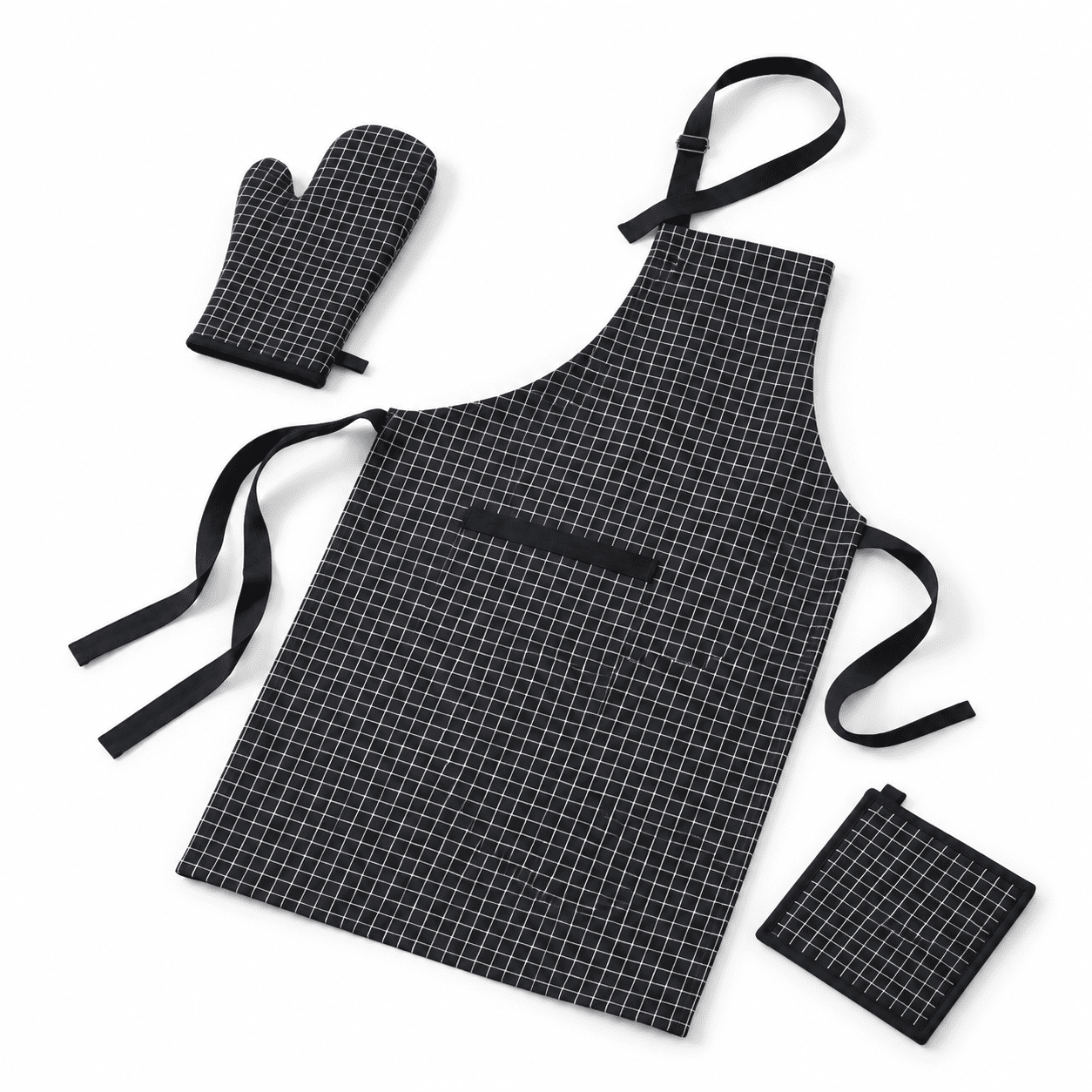 Men's Essential Checks Butcher Checks Black 27x33 in Cotton 3-in-1 Kitchen Apron Set with Oven ...