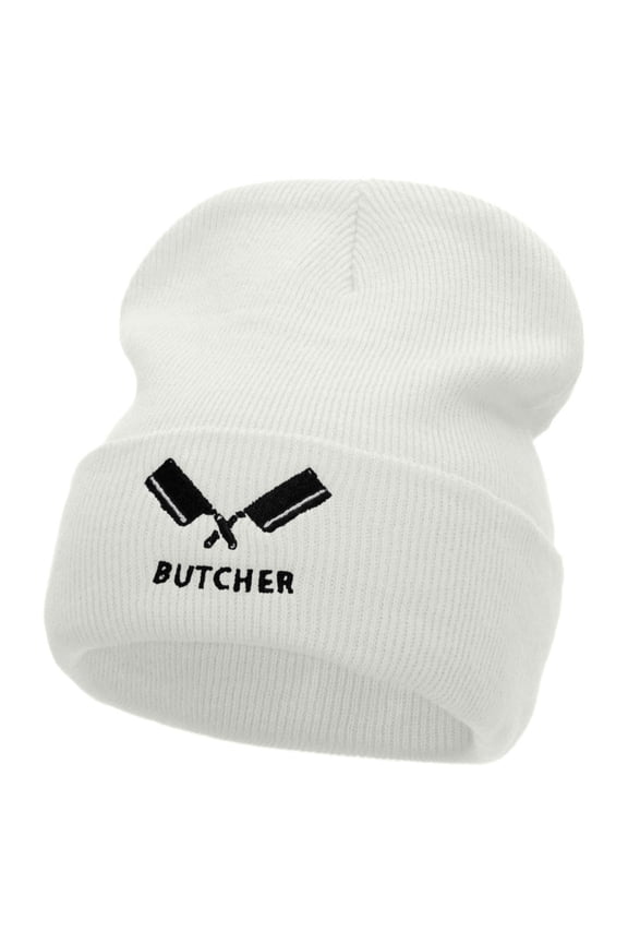 Butcher Embroidered 12 Inch Long Knitted Beanie - White OSFM