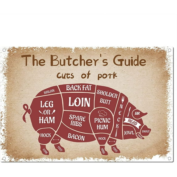 Butcher Guide Signs Tin Plate Cuts of Pork Butcher's Guide Pig Funny Animal Metal Sign Vintage Kitchen Plaque Retro Decorations for Family Home Restaurant Wall Decor 8x12Inch