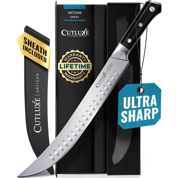 Butcher Knife, 10" Cimeter Breaking Knife for BBQ & Brisket | Razor Sharp Forged German Steel, Full Tang Pakkawood Handle Meat Carving, Grilling Gift for Men