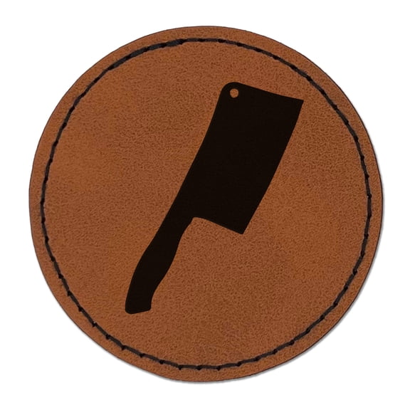 Butcher Knife Cooking 2.5" Faux Leather Round Engraved Iron-On Patch - Brown