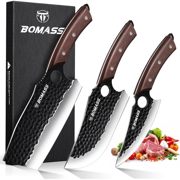 Butcher Knife Meat Cleaver Knife, Hand Ford Japanese Set of 3, High Carbon Kitchen & Serbian Chef Boning for Cutting, Outdoor Cooking BBQ Camping Gift Men
