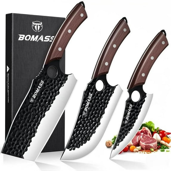 Butcher Knife Meat Cleaver Knife, Hand Forged Japanese Knife Set of 3, High Carbon Kitchen Knife & Serbian Chef Knife & Boning Knife for Meat Cutting, Outdoor Cooking BBQ Camping Gift for Men C108