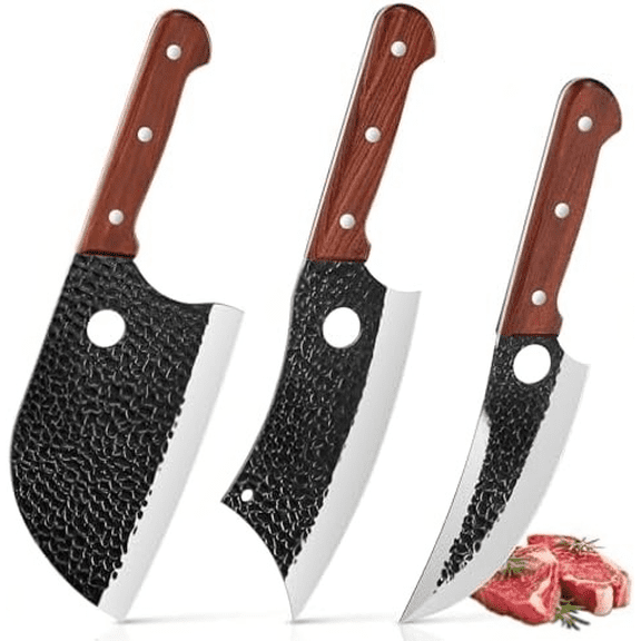 Butcher Knife Set 3PCS Cleaver Knives for Meat Cutting, Serbian Chef Knife Sets and Viking Knife with Wooden Handle, Kitchen Knives Set for Outdoor BBQ and Camping with Gift Box
