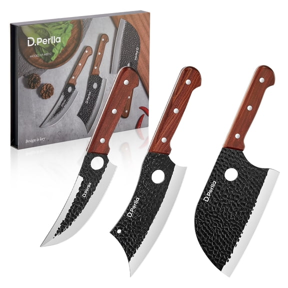 Butcher Knife Set 3PCS Cleaver Knives for Meat Cutting, Serbian Chef Knife Sets and Viking Knife with Wooden Handle, Kitchen Knives Set for Outdoor BBQ and Camping with Gift Box