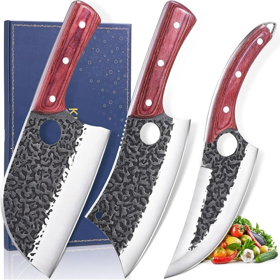 Butcher Knife Set, 3PCS Hand Ford Meat Cleaver, Sharp Serbian Chef & Kitchen Knives Viking Set for Cutting, Boning HomeCampingBBQ Gifts Idea Men