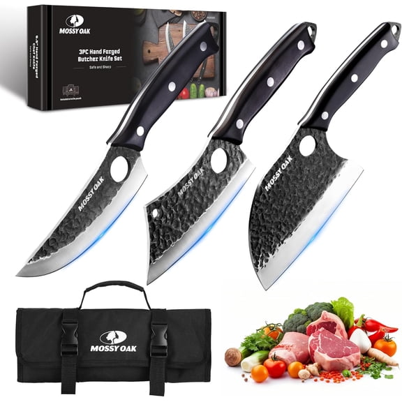 Butcher Knife Set, 3PCS Hand Forged Chef Knives with Oxford Roll Bag, Meat Cleavers Full Tang Handle for Cutting, Boning and Chopping, Kitchen Knives for Outdoor Cooking, Camping