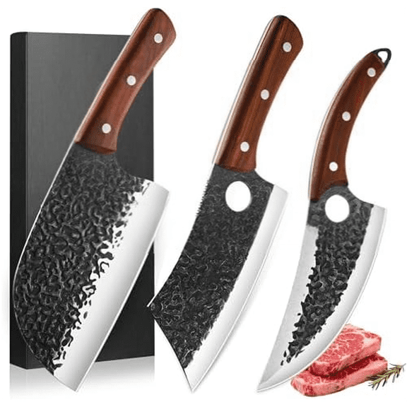 Butcher Knife Set 3PCS Hand Forged Kitchen Knife Set with Serbian Chef Knife, Viking Boning Knife & Meat Cleaver, High Carbon Steel for Meat Cutting, Outdoor BBQ, Camping, Gift for Men