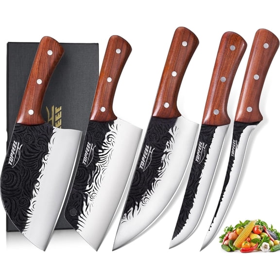 Butcher Knife Set 5PCS, Hand Forged Kitchen Knives Set Serbian Chef Knife Set, Meat Cleaver Boning Carving Knives Set for HomeCampingBBQ