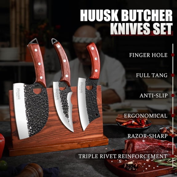 Butcher Knife Set Hand Forged Serbian Chef Knife Boning Knife Cleaver Knife 3PCS Kitchen Knife Set for Meat Cutting Home & Outdoor Cooking BBQ Knives Gift for Men