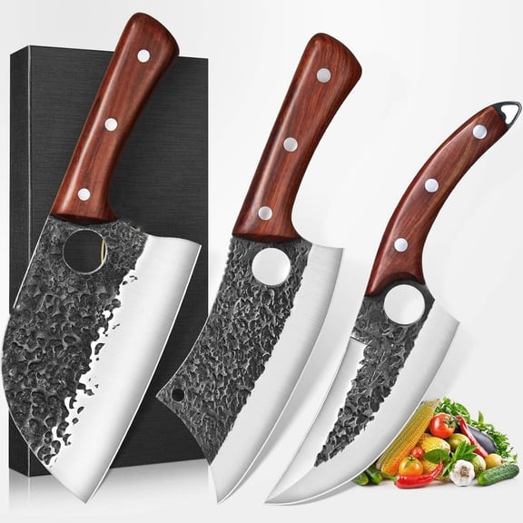Butcher Knife Set, Hand Forged Serbian Chef Knives & Meat Cleaver & Viking Knives, Kitchen Knife Set for Home, Outdoor Cooking, Camping BBQ