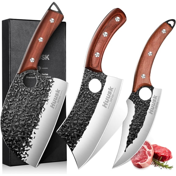 Butcher Knife Set Hand Forged Serbian Chef Viking Boning Cleaver 3PCS Kitchen for Meat Cutting Home & Outdoor Cooking BBQ Knives Gift Men