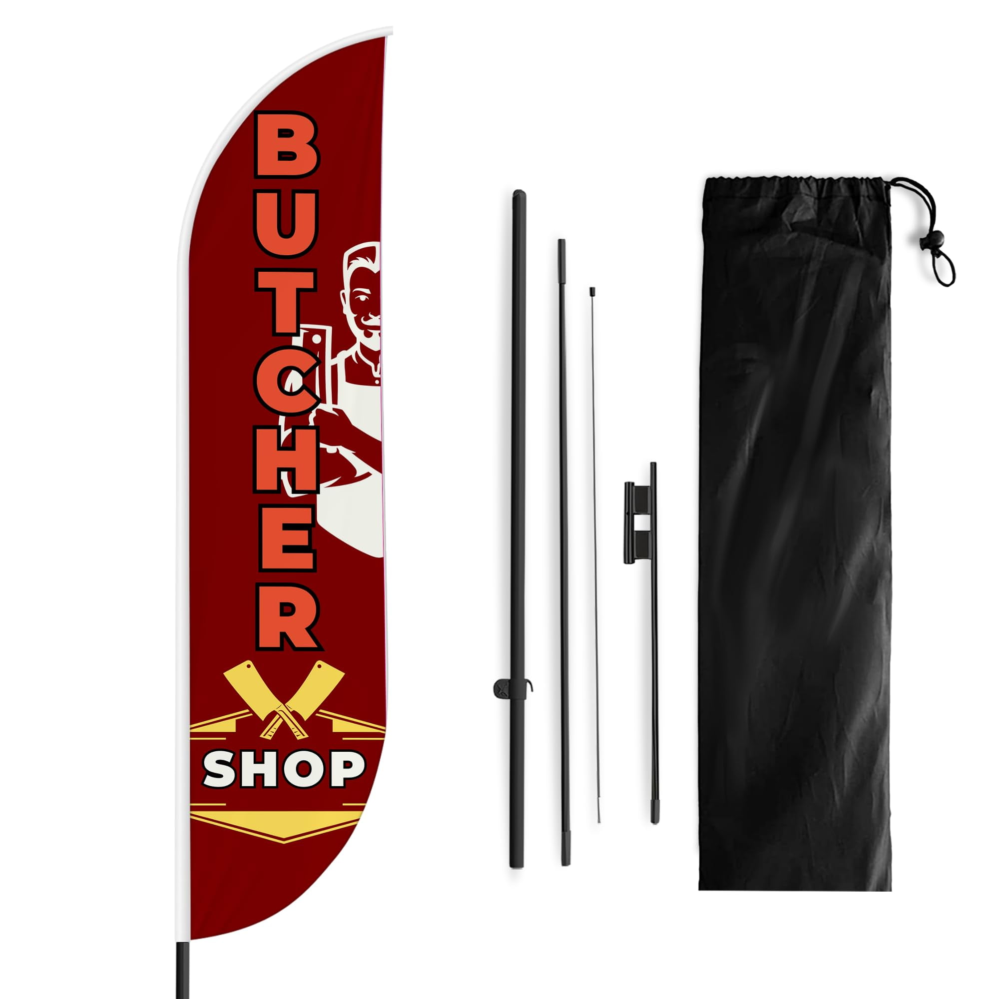 Butcher Shop Sign feather flag Pole Mount Outdoor by Mavis Printing-15 FEET Long Polyester Outdoor Banner Flag Easy Hang | HD Print Swooper Flag Pole Kit Advertise Butcher Shop Business