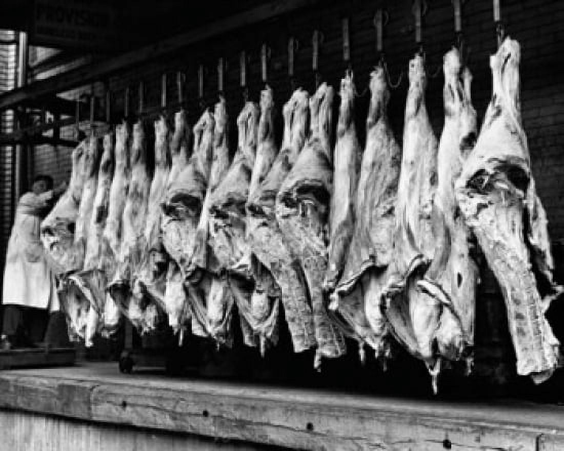 Butcher hanging sides of beef in a slaughterhouse Canvas Art -  (18 x 24)