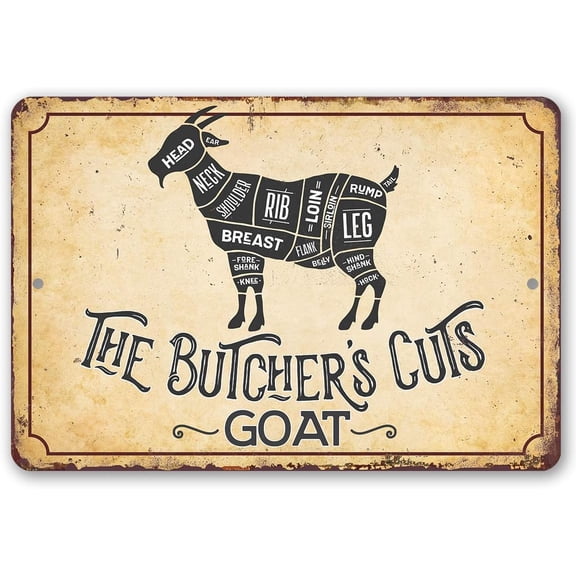 The Butcher's Cut Goat - Classic Kitchen Meat Chart and Goat Meat Guide, Vintage Farmhouse and Meat Shop Decoration, 8x12 Use Indoors or Outdoors Durable Antique Metal Sign