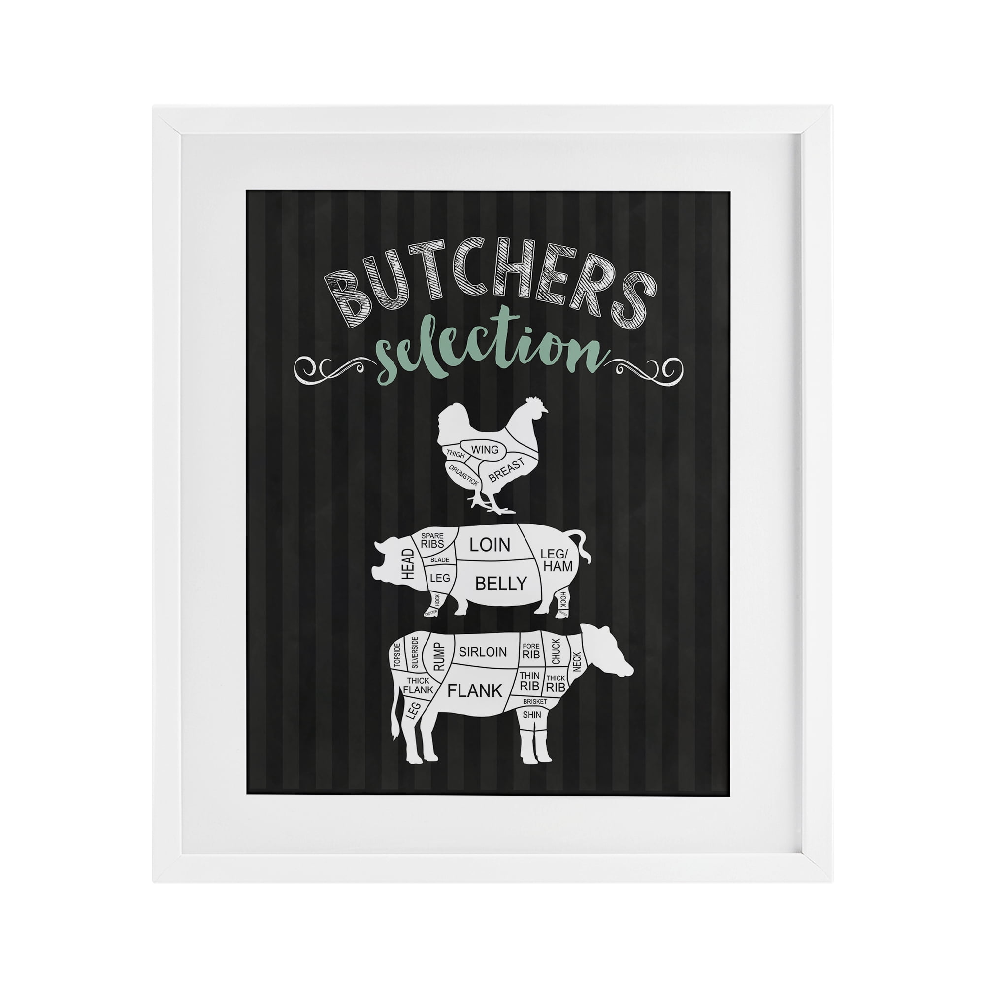 Butchers Selection Animal Sections White Framed Print Under Glass, design by Lettered and Lined